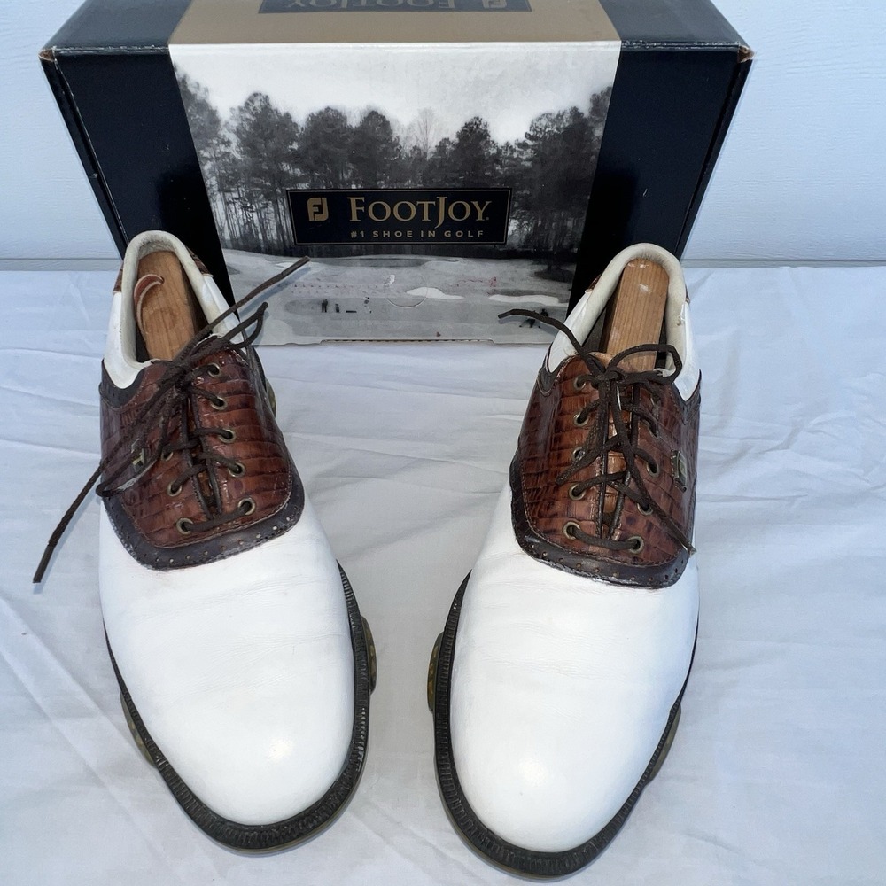 FootJoy FJ Dryjoys Tour Mens 10 M White Brown Gator Spike Golf Shoes 53612 Black